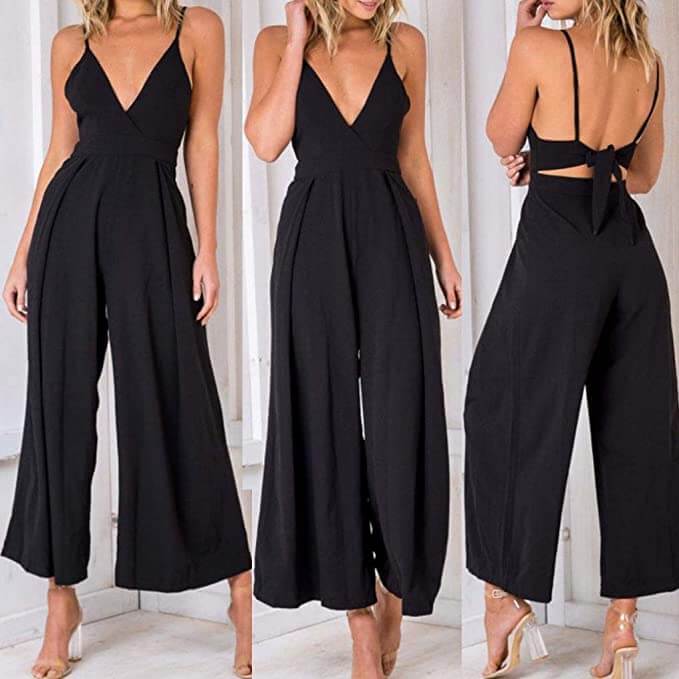 Modieuze dames jumpsuit met blote rug en wijde pijp, geschikt voor elegante avonden of relaxte zomer.