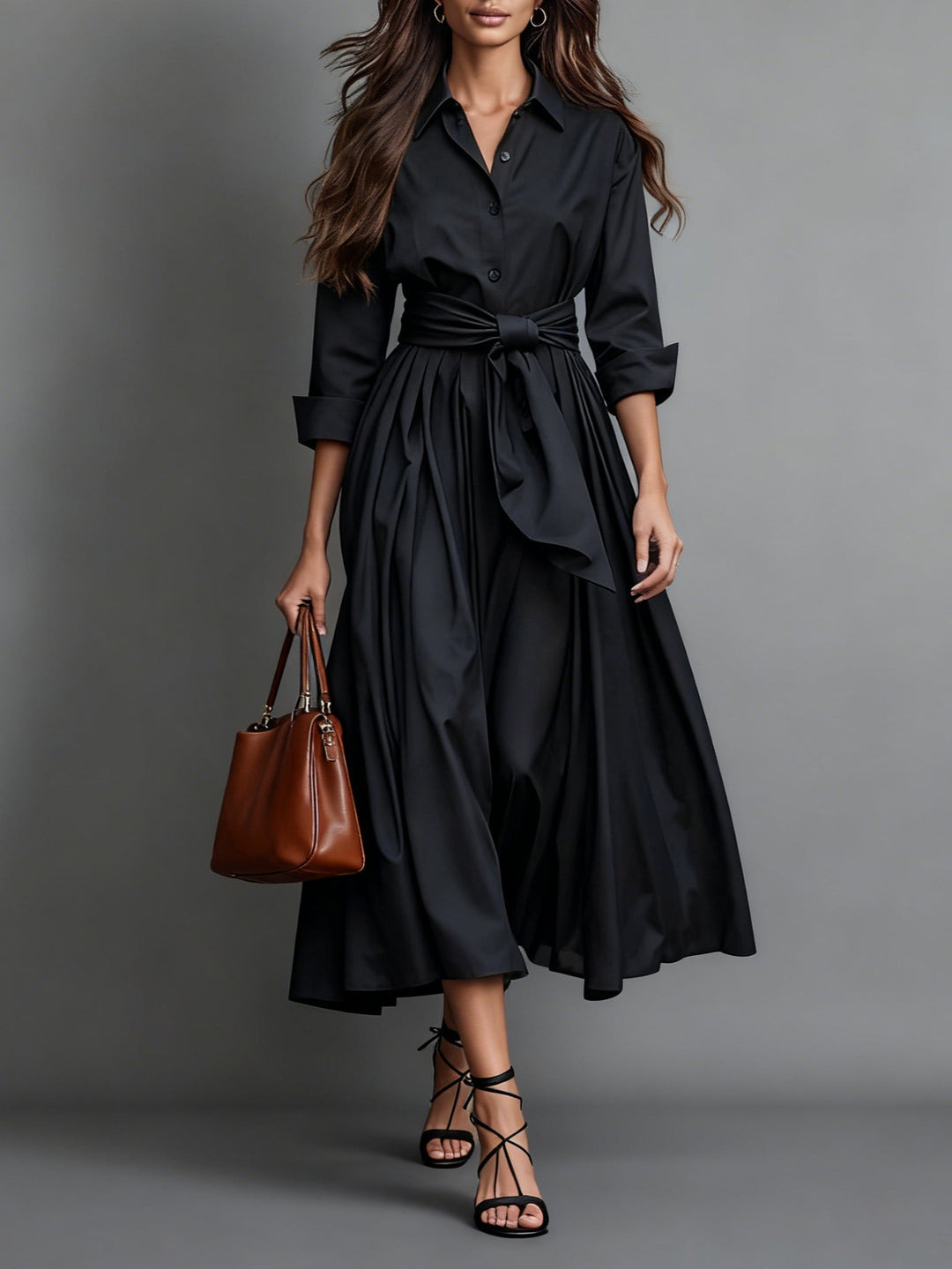 Elegante dames overhemd midi jurk met riem, A-lijn pasvorm en driekwart mouw. Perfect voor een chique of casual look.
