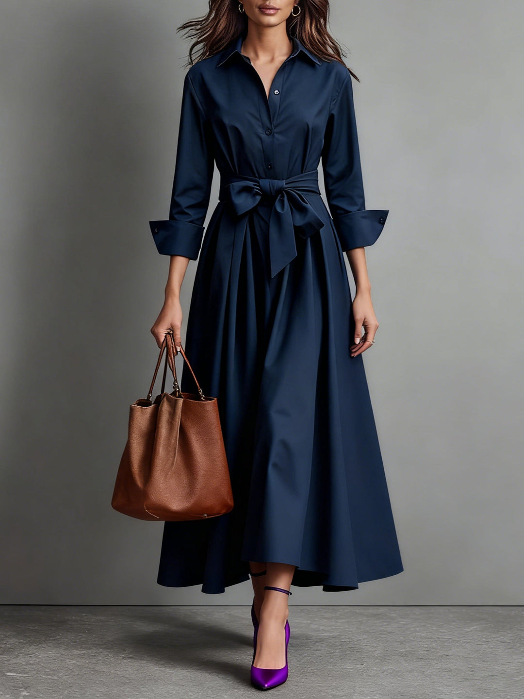 Stijlvolle dames midi overhemdjurk met tailleband, ideaal als veelzijdige casual of chique jurk voor elke gelegenheid.