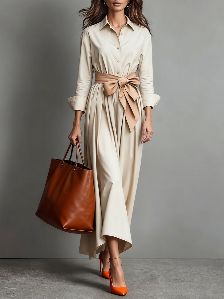 Dames overhemd midi jurk met riem, een elegante A-lijn jurk met driekwart mouwen voor een trendy en comfortabele outfit.