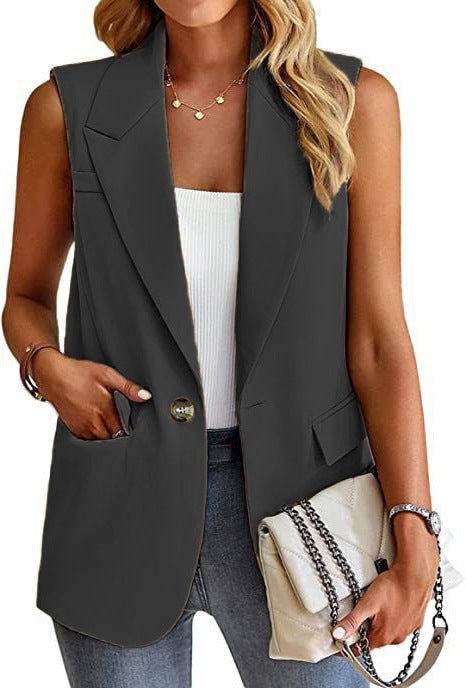 Zakelijke en modieuze dames mouwloze blazer blouse, perfect voor een professionele maar comfortabele look.