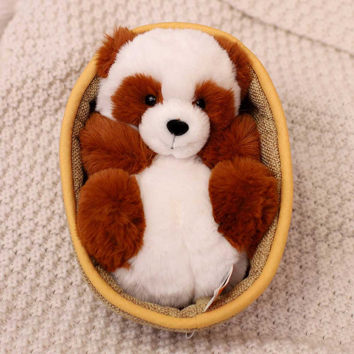 Babypanda pluche knuffel in mandje, veilig en zacht speelgoed voor de allerkleinsten, als kraamcadeau.