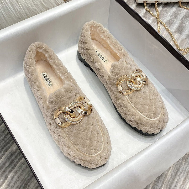 Grijze warme loafers voor dames, perfect voor kantoor of casual gebruik.