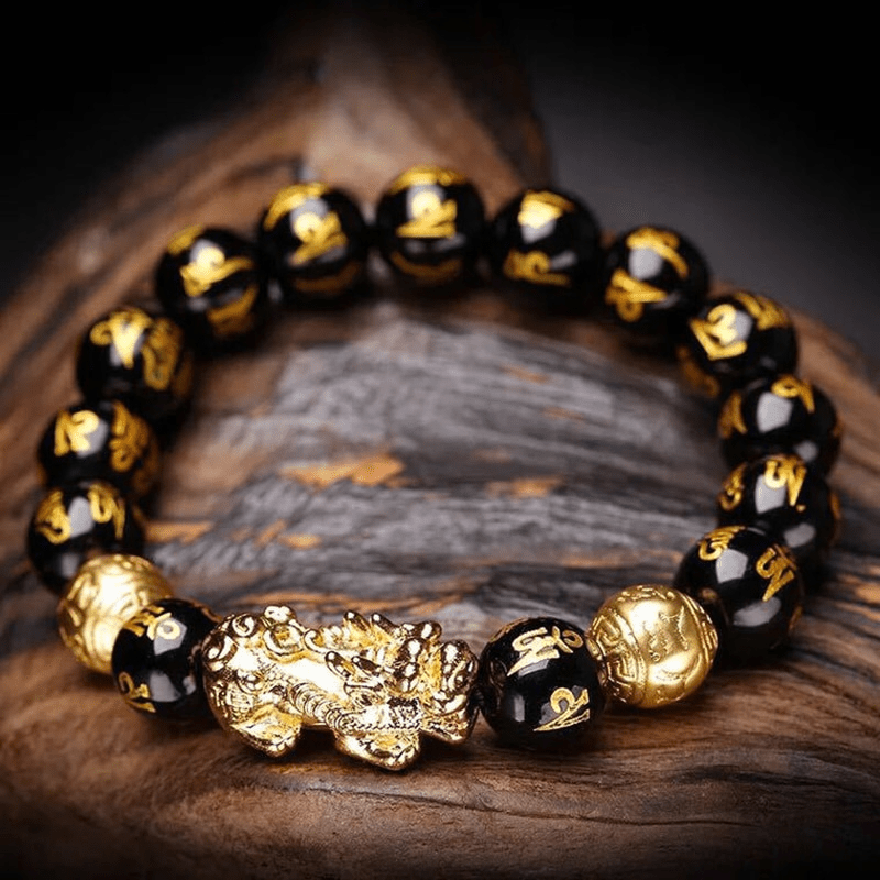 Unisex Pi Xiu armband van zwarte obsidiaan voor rijkdom en bescherming. Spiritueel edelsteen sieraad met geluksbrenger.