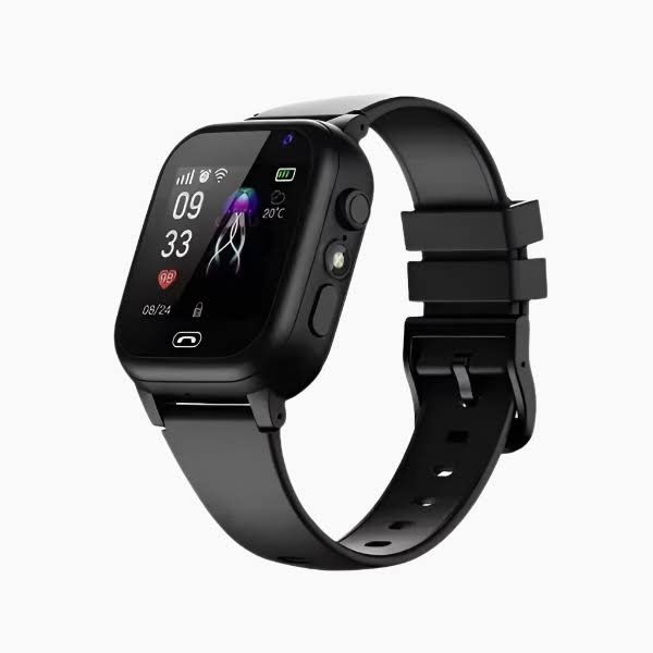 Zwarte kinder smartwatch met GPS tracker voor ouderlijke gemoedsrust, veilige communicatie en videobellen.