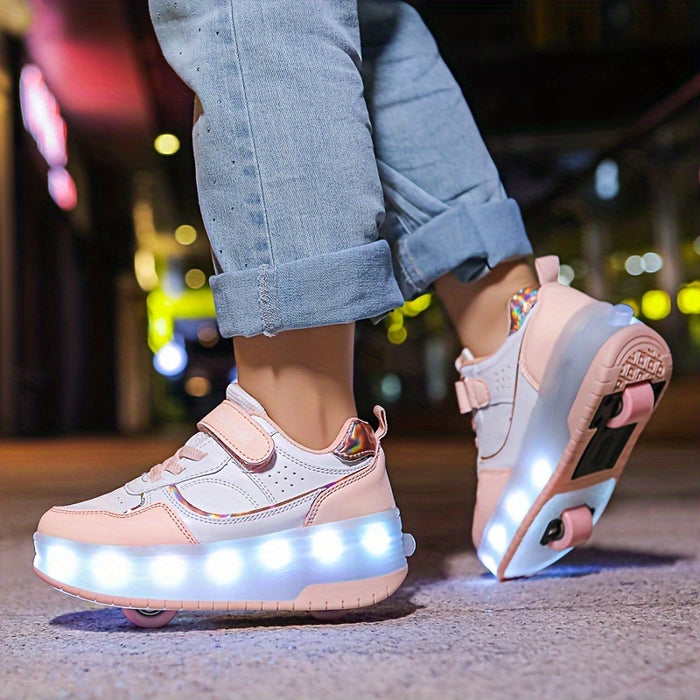 "Kinderschoenen met LED-wielen, rubberen zool en ademend mesh, ideaal voor plezier en beweging."