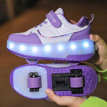 "Kinderschoenen met LED-wielen, rubberen zool en ademend mesh, ideaal voor plezier en beweging."