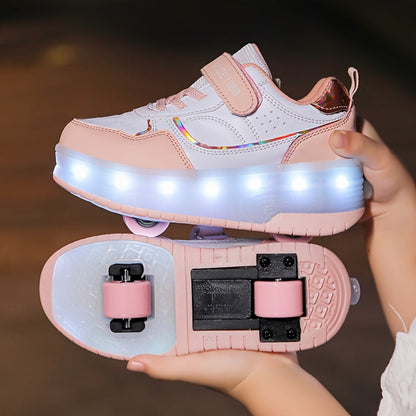 "Kinderschoenen met LED-wielen, rubberen zool en ademend mesh, ideaal voor plezier en beweging."
