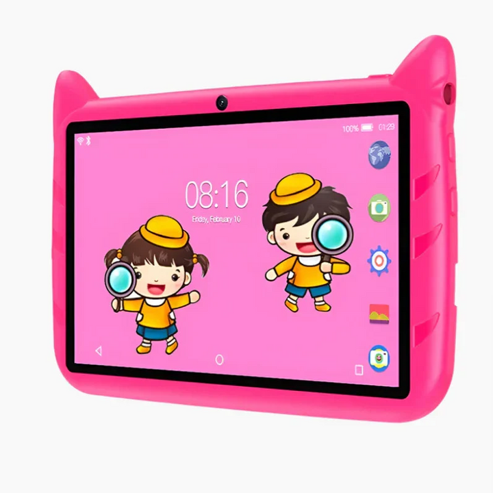 Blauwe 7 inch kindertablet met ruime 64GB opslag; ideaal cadeau voor uren speel- en leerplezier.