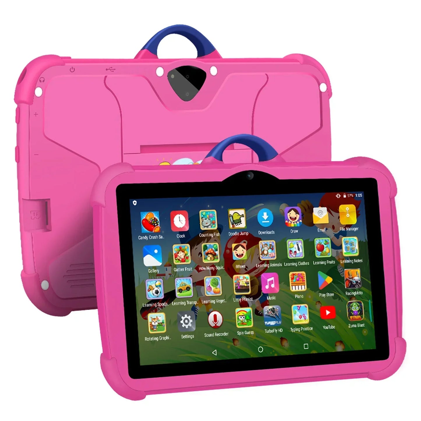 "Kindertablet met 7-inch scherm, cartoonpatroon, Android en 64GB opslag, geschikt voor leerzame spellen en apps."