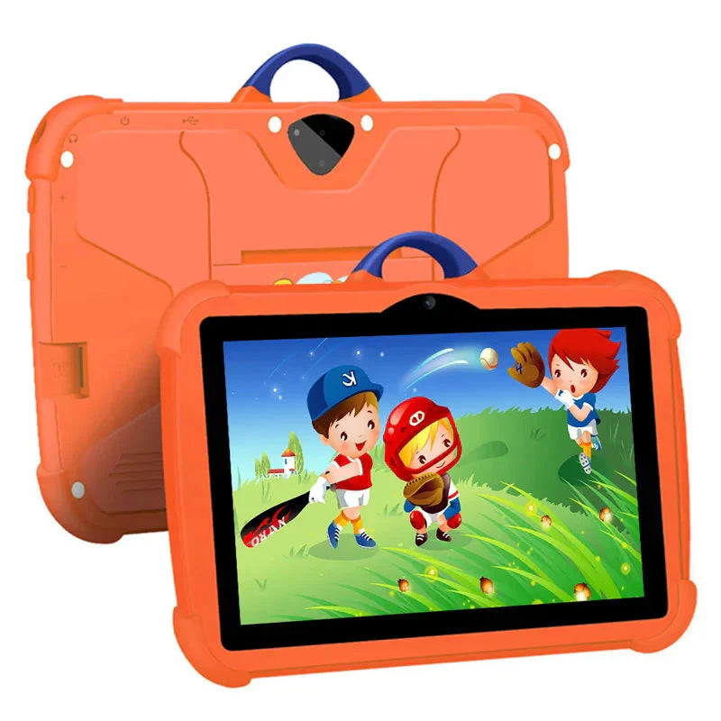 "Kindertablet met 7-inch scherm, cartoonpatroon, Android en 64GB opslag, geschikt voor leerzame spellen en apps."