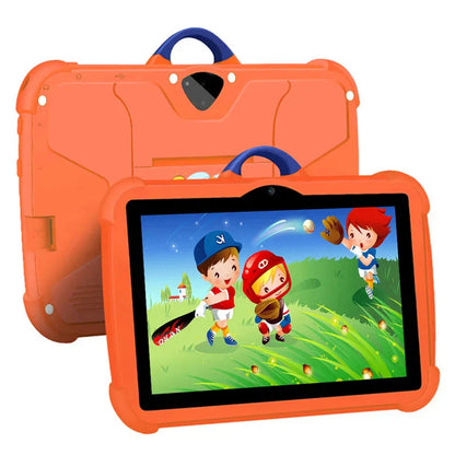 "Kindertablet met 7-inch scherm, cartoonpatroon, Android en 64GB opslag, geschikt voor leerzame spellen en apps."