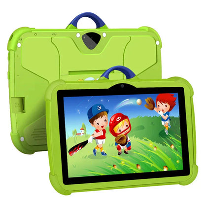 "Kindertablet met 7-inch scherm, cartoonpatroon, Android en 64GB opslag, geschikt voor leerzame spellen en apps."