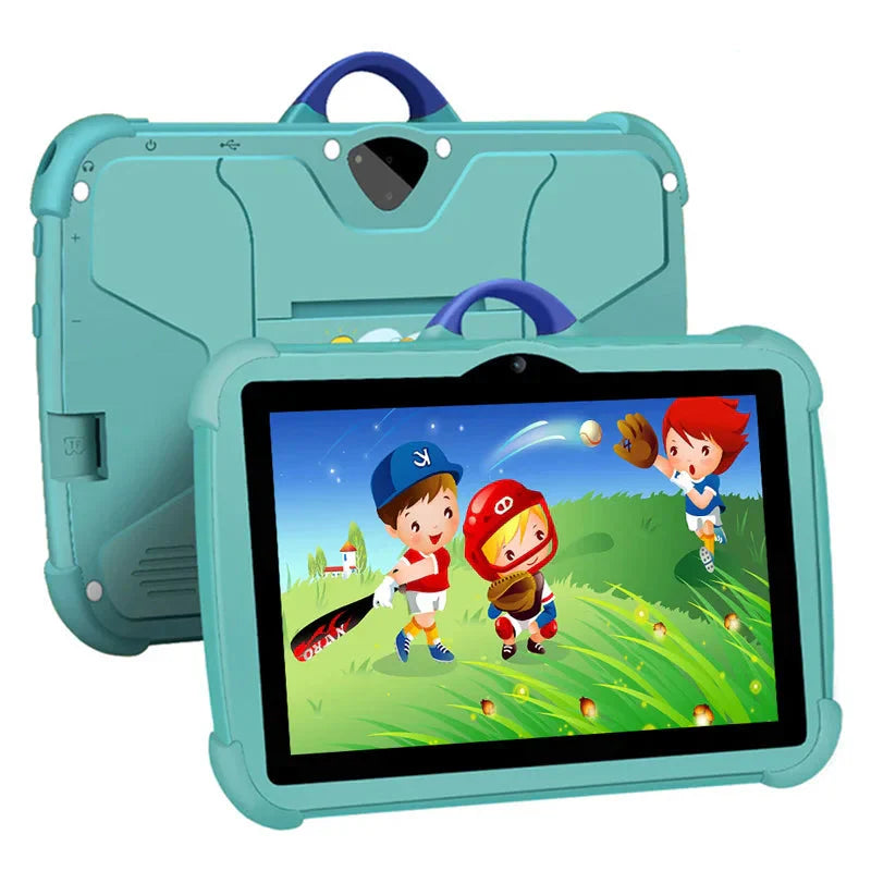 "Kindertablet met 7-inch scherm, cartoonpatroon, Android en 64GB opslag, geschikt voor leerzame spellen en apps."