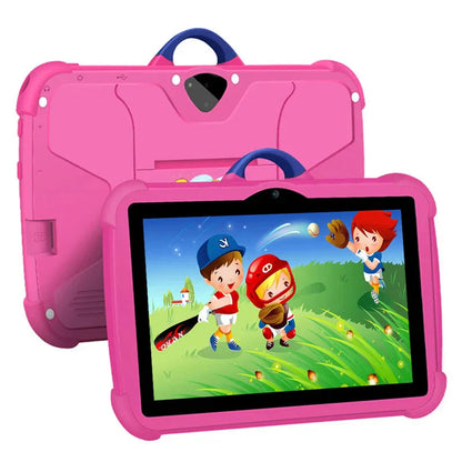 "Kindertablet met 7-inch scherm, cartoonpatroon, Android en 64GB opslag, geschikt voor leerzame spellen en apps."