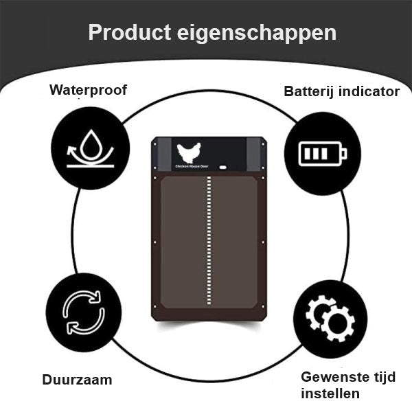 Eenvoudige installatie van de automatische kippendeur met lichtsensor, ideaal voor elk kippenhok of dierenluik.
