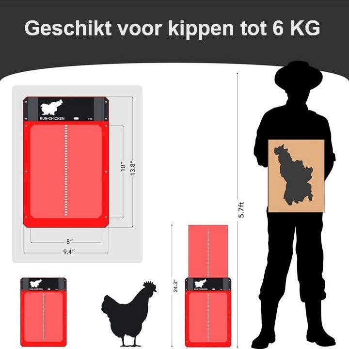 Close-up van de automatische kippendeur met robuust ontwerp, weerbestendig en betrouwbaar voor boerderij.