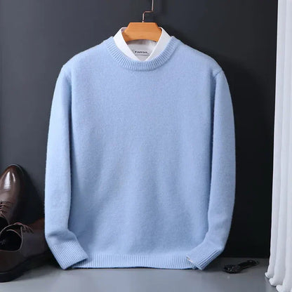 "Klassieke kasjmier heren trui, grijs, met elastische boorden. Luxe en comfortabele sweater voor heren, tijdloos design."