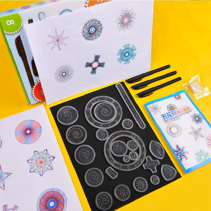 Complete spirograaf speelgoed set met wielen, ringen en pennen voor eindeloze tekenkunst.
