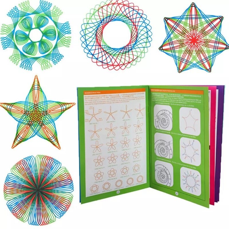 Vrolijk kind tekent met spirograaf speelgoedset, genietend van het maken van mooie, kunstzinnige patronen.