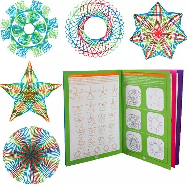 Vrolijk kind tekent met spirograaf speelgoedset, genietend van het maken van mooie, kunstzinnige patronen.