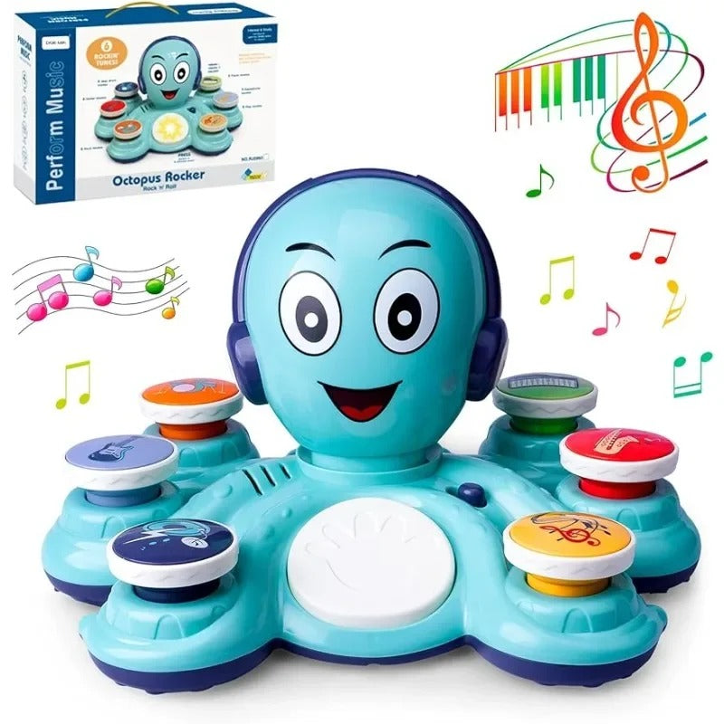 "Kleurrijk interactief octopus muziekspeelgoed voor peuters, bevordert muzikale vaardigheden en motoriek in roze en blauw."