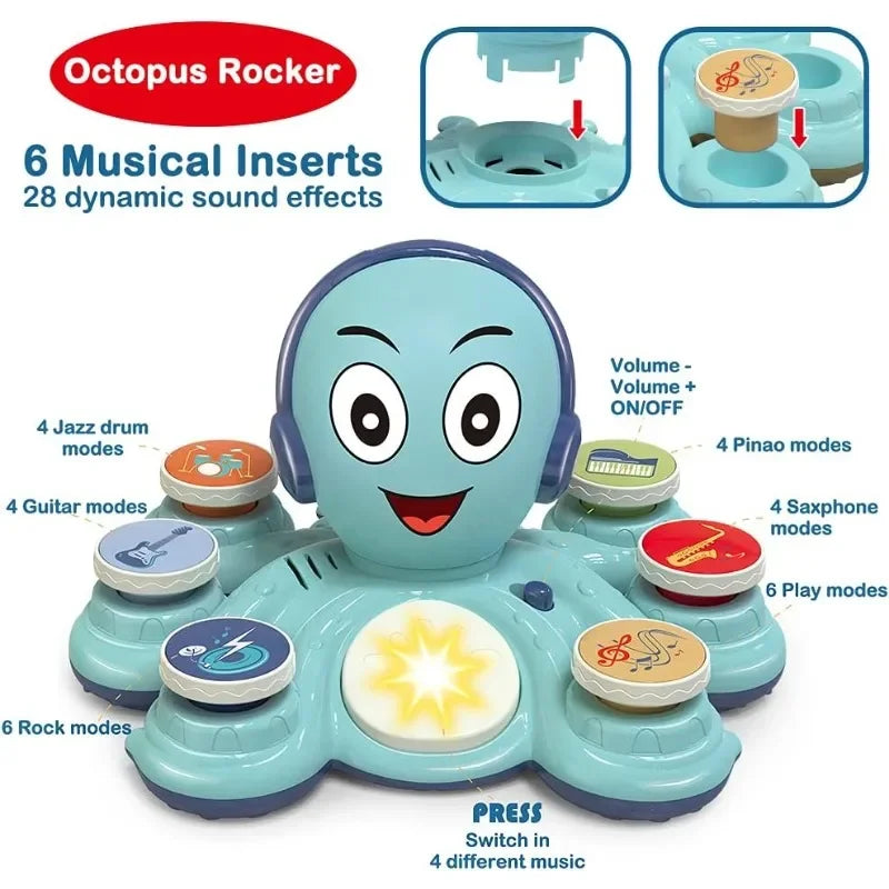 "Kleurrijk interactief octopus muziekspeelgoed voor peuters, bevordert muzikale vaardigheden en motoriek in roze en blauw."