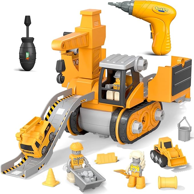 Gekleurde kinder bouw speelset met vrachtwagen, graafmachine en kraan voor creatief constructiespeelgoed.