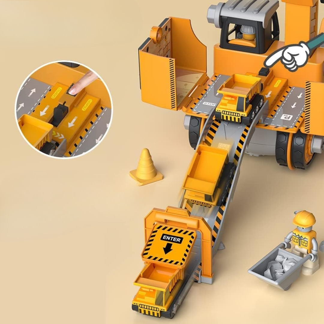 Levendige kinder bouwplaats speelset met vrachtwagen, graafmachine en kraan. Ideaal voor fantasierijk constructiespel.