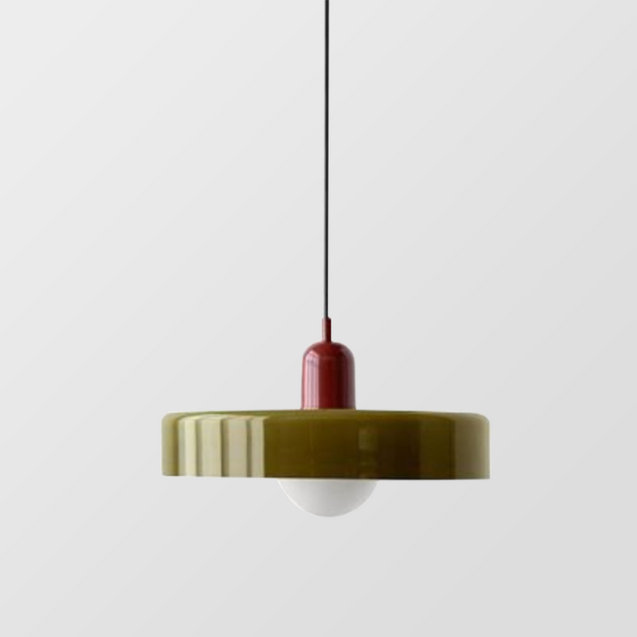 Moderne design plafondlamp met artistiek gekleurd glas, Bauhaus esthetiek.