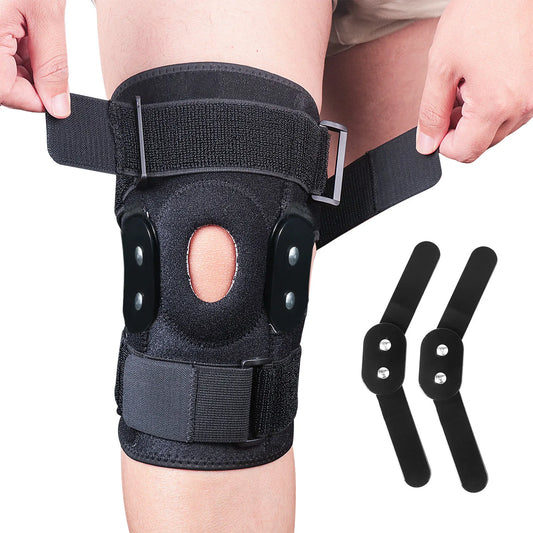 "Kniebrace verstelbaar en scharnierend, biedt comfort en ondersteuning, gemaakt van ademend neopreen voor sport en dagelijks 