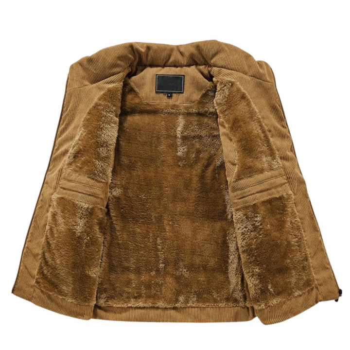 Zip-front corduroy herenvest, warm en comfortabel voor winterse dagen, stijlvolle keuze.