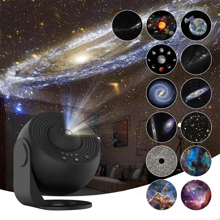 Close-up van levendige galaxy projector effecten: duizenden sterren en nevels voor ontspannende sfeer.