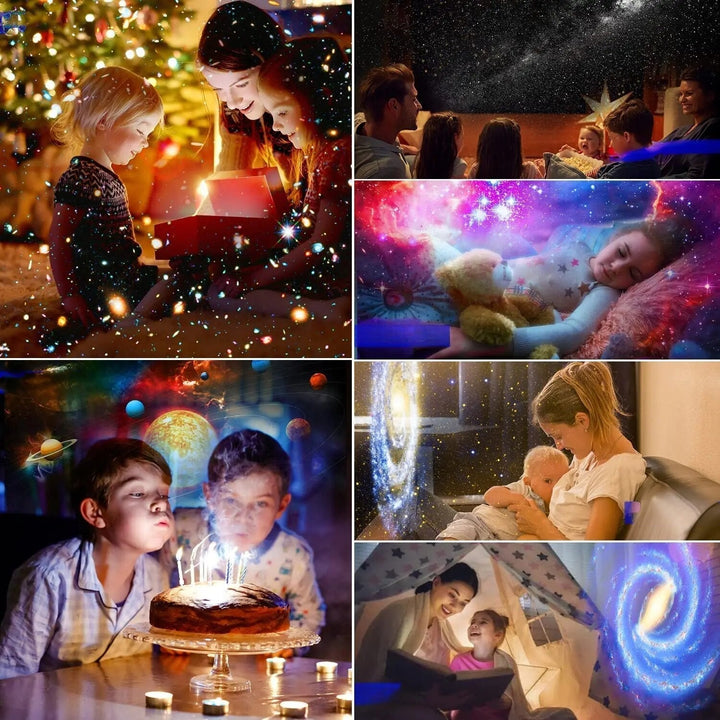 Kinderkamer met gezellig nachtlampje en sterrenprojector die een kalme sterrenhemel op het plafond tovert.