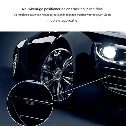 "Krachtige magnetische GPS-tracker, zwart, water- en schokbestendig, metalen bevestiging voor realtime voertuigtracking."