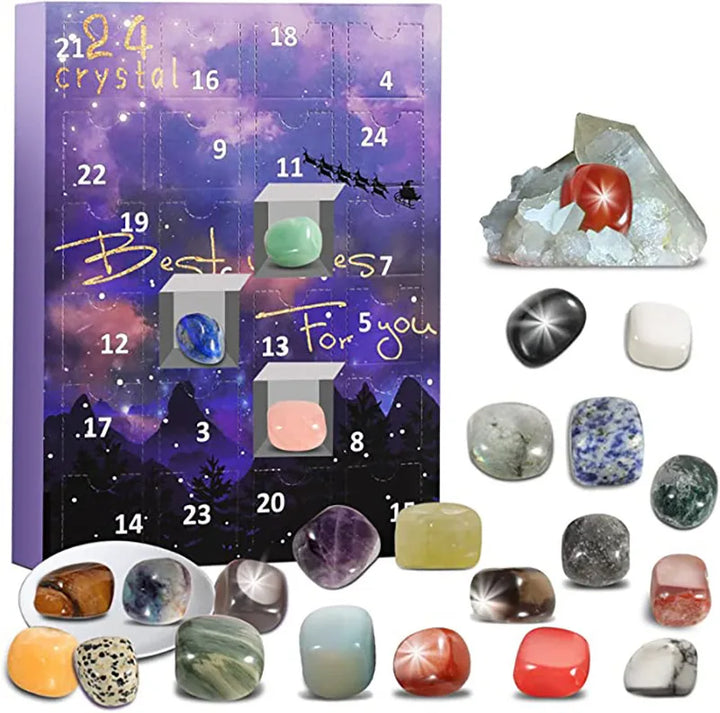 Kind opent adventskalender, ontdekt een prachtige edelsteen of kristal verrassing elke dag in december.