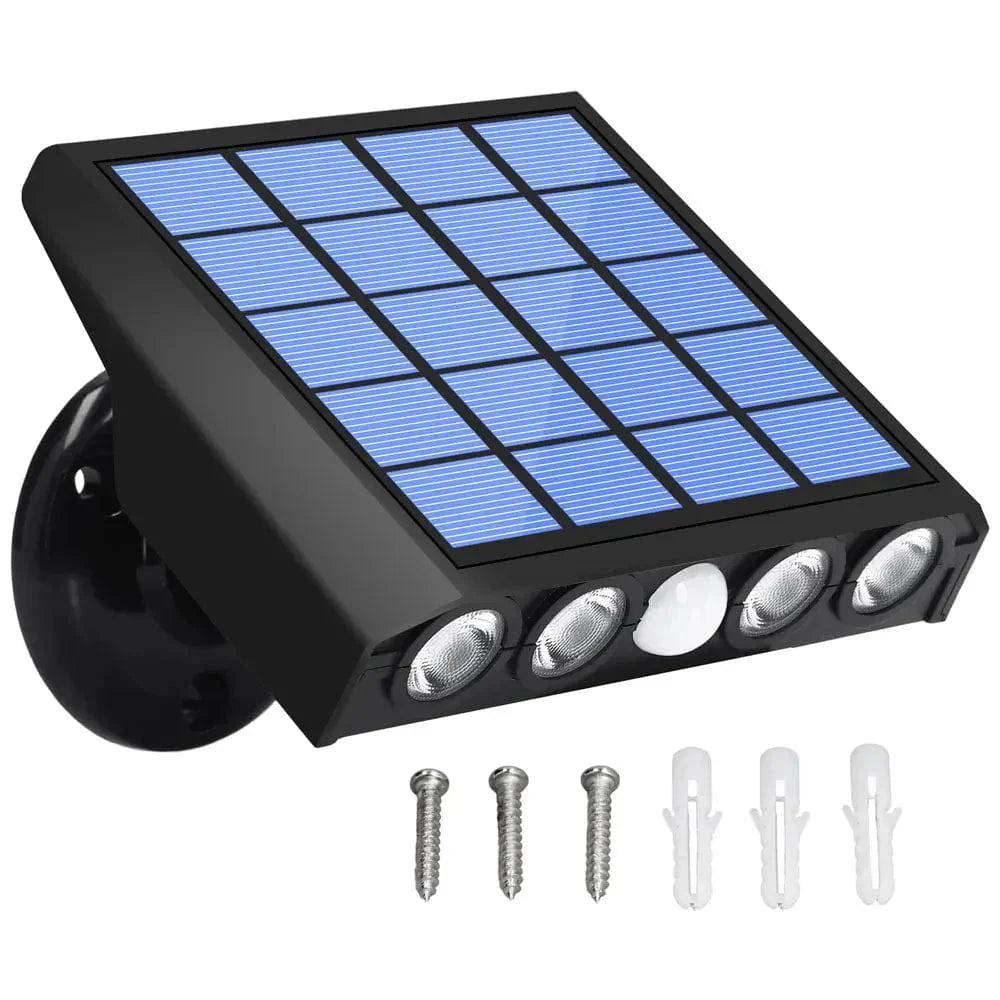 Heldere LED solar buitenlamp met bewegingssensor voor efficiënte en zuinige buitenverlichting.