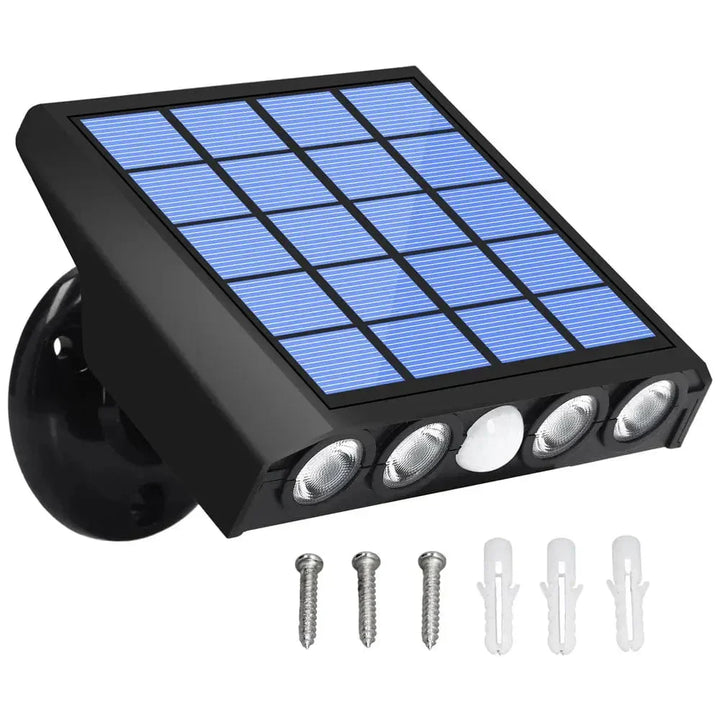 Heldere LED solar buitenlamp met bewegingssensor voor efficiënte en zuinige buitenverlichting.