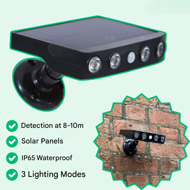 Compacte solar buitenlamp met bewegingssensor, ideaal voor alle weersomstandigheden.