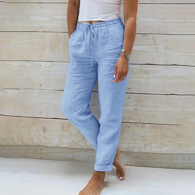 Dames lichtgewicht linnen zomerbroek, comfortabel en ademend. Perfect voor stijlvolle zomermode.