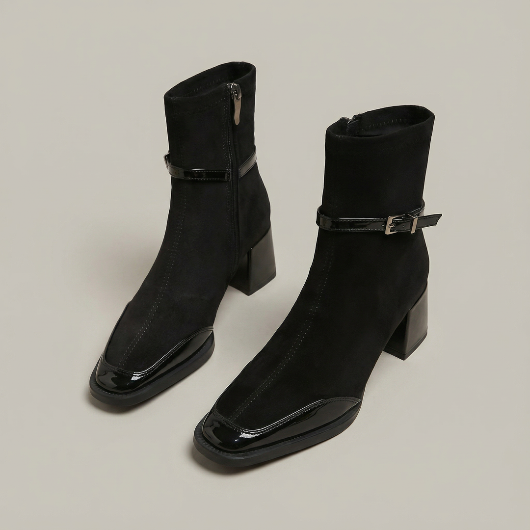 Moderne dames laarzen: orthopedische enkelboots met vierkante neus en lage blokhak.