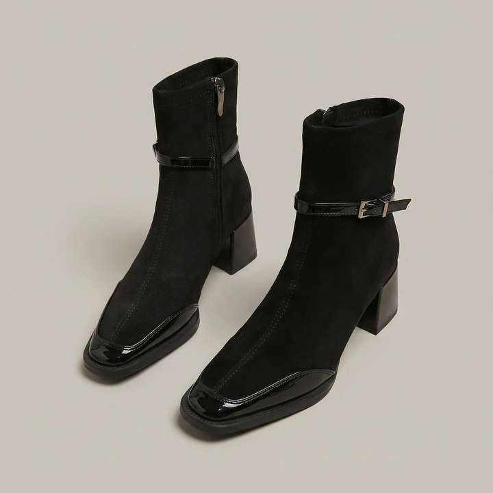 Moderne dames laarzen: orthopedische enkelboots met vierkante neus en lage blokhak.