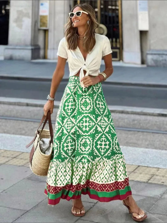 "Lange Boho-rok dames met bloemenprint, elastische taille, luchtige stof, A-lijn pasvorm, ideaal voor zomer"