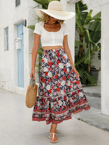 "Lange Boho-rok dames met bloemenprint, elastische taille, luchtige stof, A-lijn pasvorm, ideaal voor zomer"