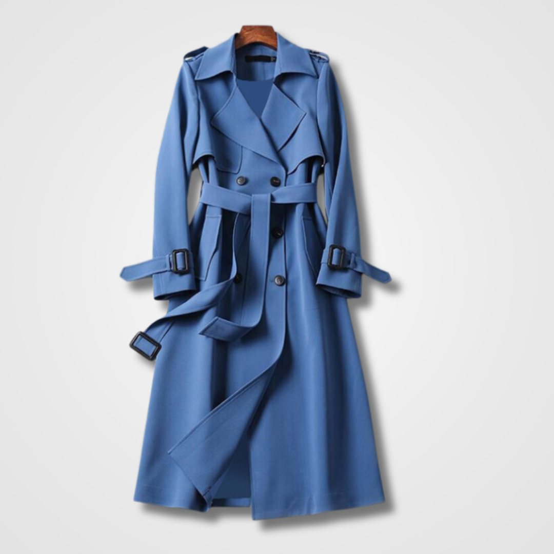 Lange dames trenchcoat met klassieke reverskraag en dubbele knoopsluiting, verkrijgbaar in diverse kleuren voor elegantie.