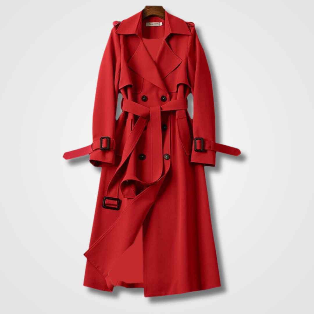 Lange dames trenchcoat met klassieke reverskraag en dubbele knoopsluiting, verkrijgbaar in diverse kleuren voor elegantie.