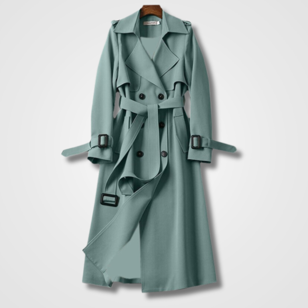 Lange dames trenchcoat met klassieke reverskraag en dubbele knoopsluiting, verkrijgbaar in diverse kleuren voor elegantie.