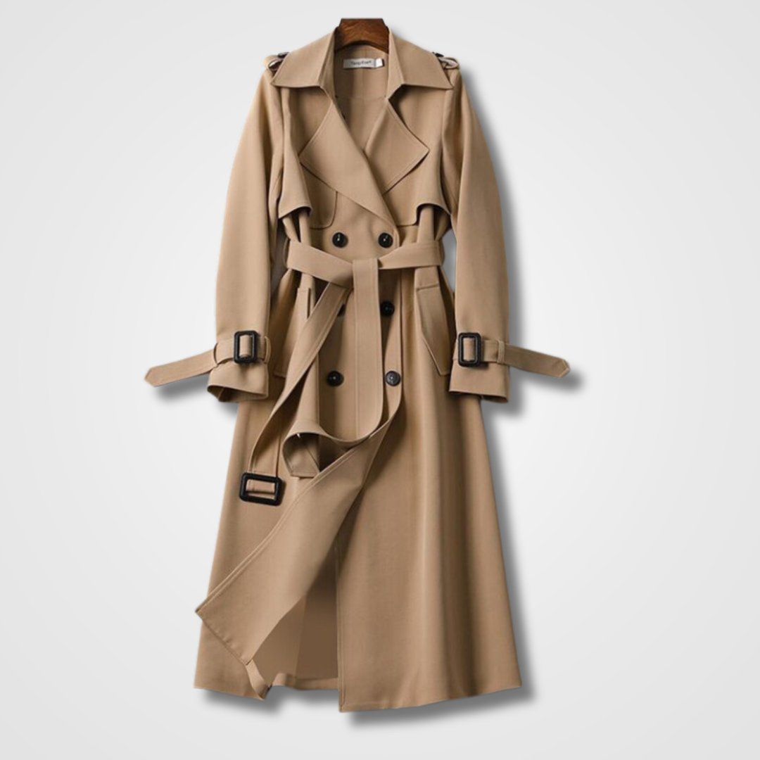 Lange dames trenchcoat met klassieke reverskraag en dubbele knoopsluiting, verkrijgbaar in diverse kleuren voor elegantie.