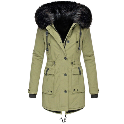 Lange dames winterjas met capuchon, gewatteerde stof en stevige rits, voor stijlvolle warmte en bescherming in de winter.