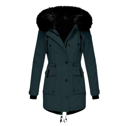 Lange dames winterjas met capuchon, gewatteerde stof en stevige rits, voor stijlvolle warmte en bescherming in de winter.